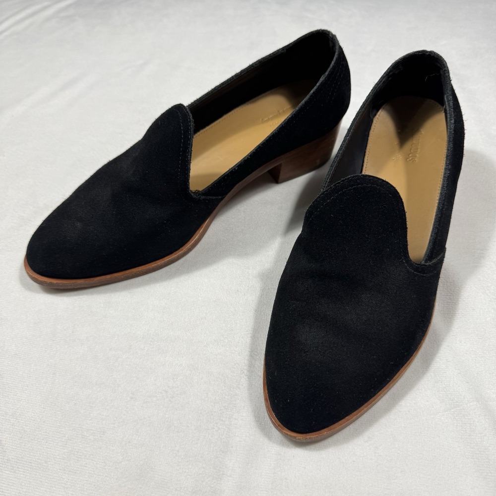 Soludos Womens Black‎ Suede Leather Loafers Low Wooden Heel Shoes 8.5 US/39EU